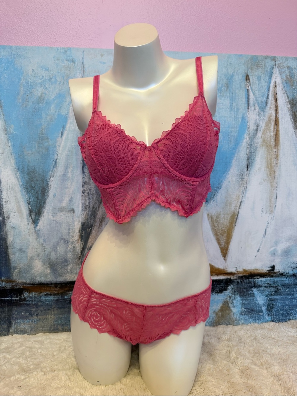 Adore Me Rose Pink Lace Longline Bra & Hipster Set